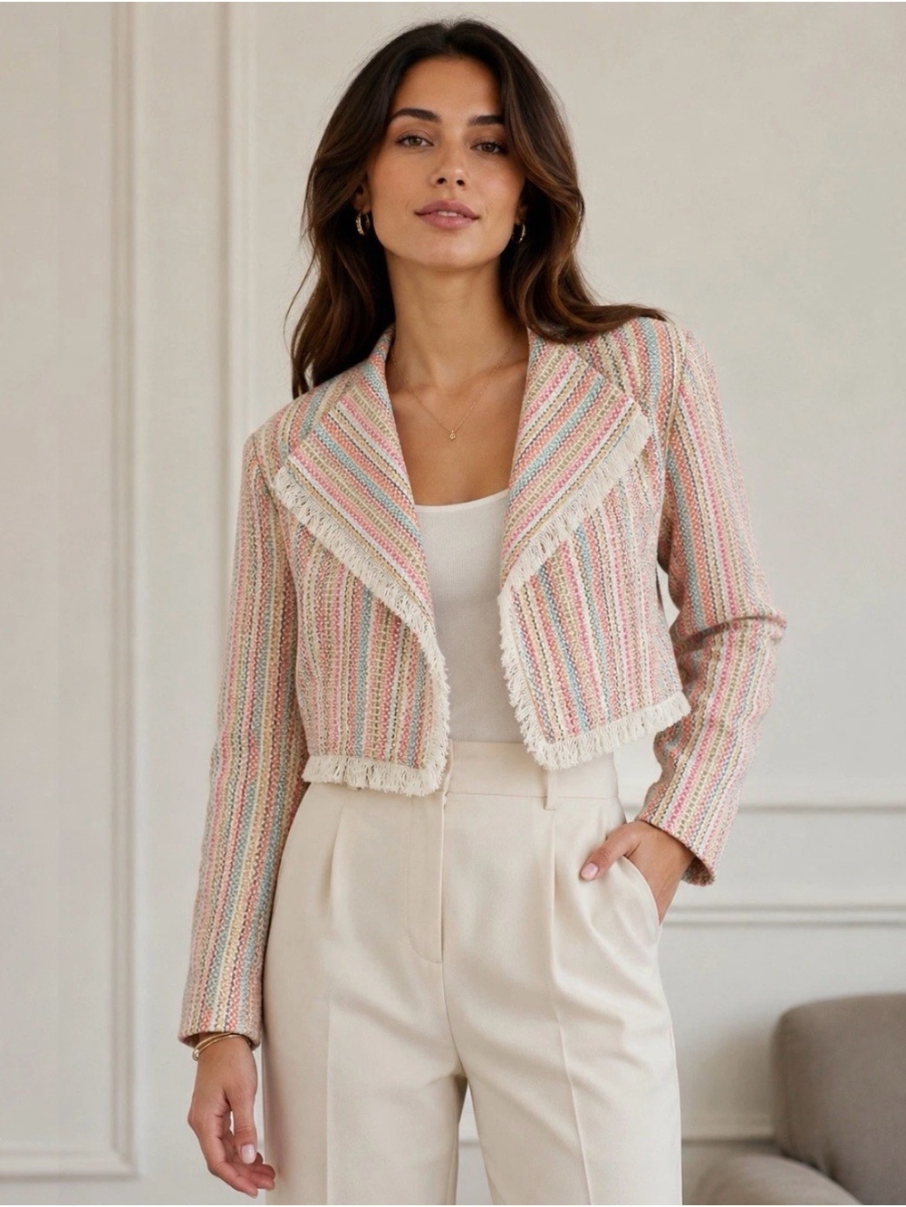 Something Navy Cropped Pastel Tweed Jacket - Women's Pink Multi size Small NWT
